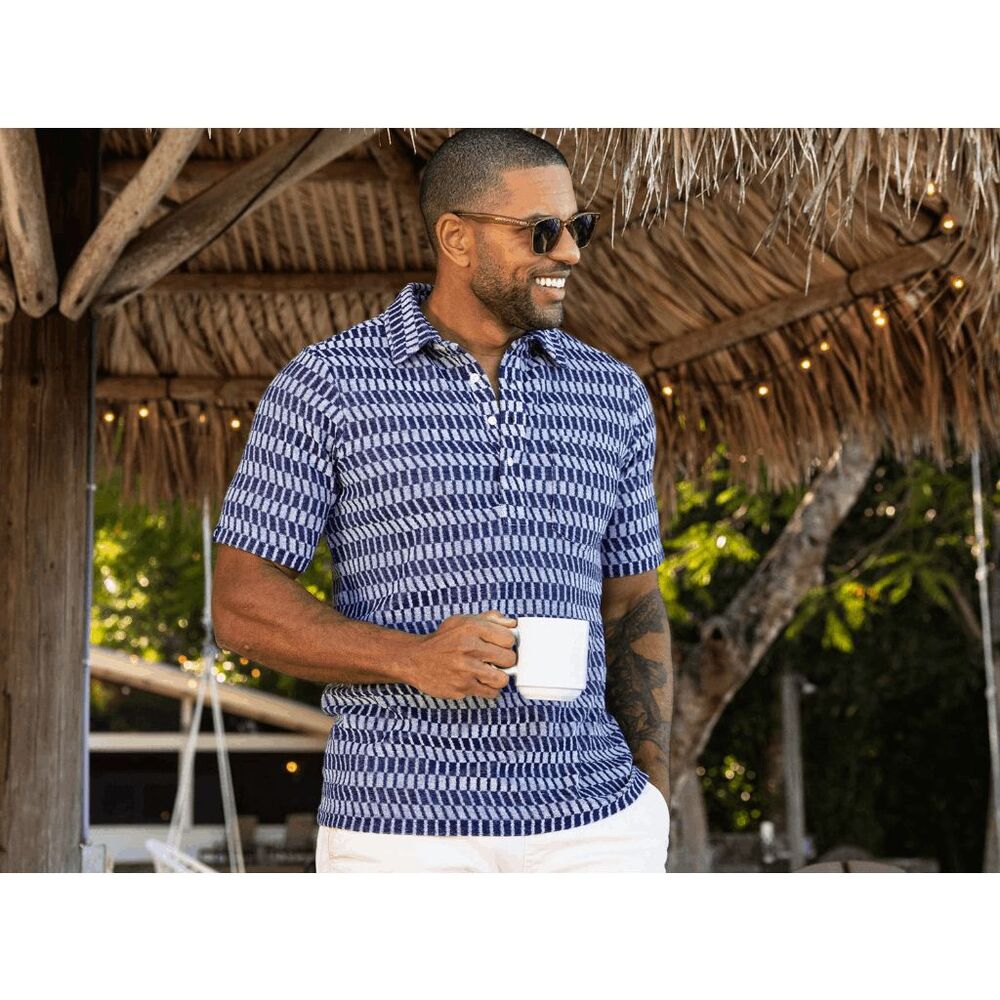 Criquet Blue Geometric Short Sleeve Polo Collared Shirt Men's Size Small
